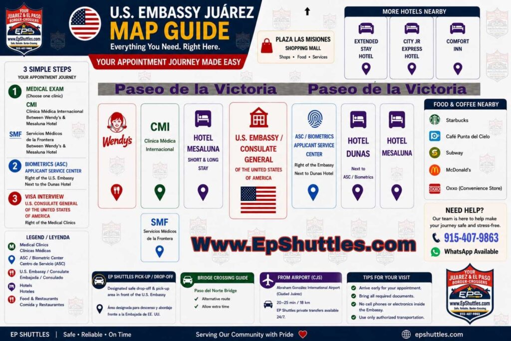 U.S. Embassy Juárez map guide showing medical clinics, ASC biometrics, nearby hotels, airport transfers, and EP Shuttles pickup area.